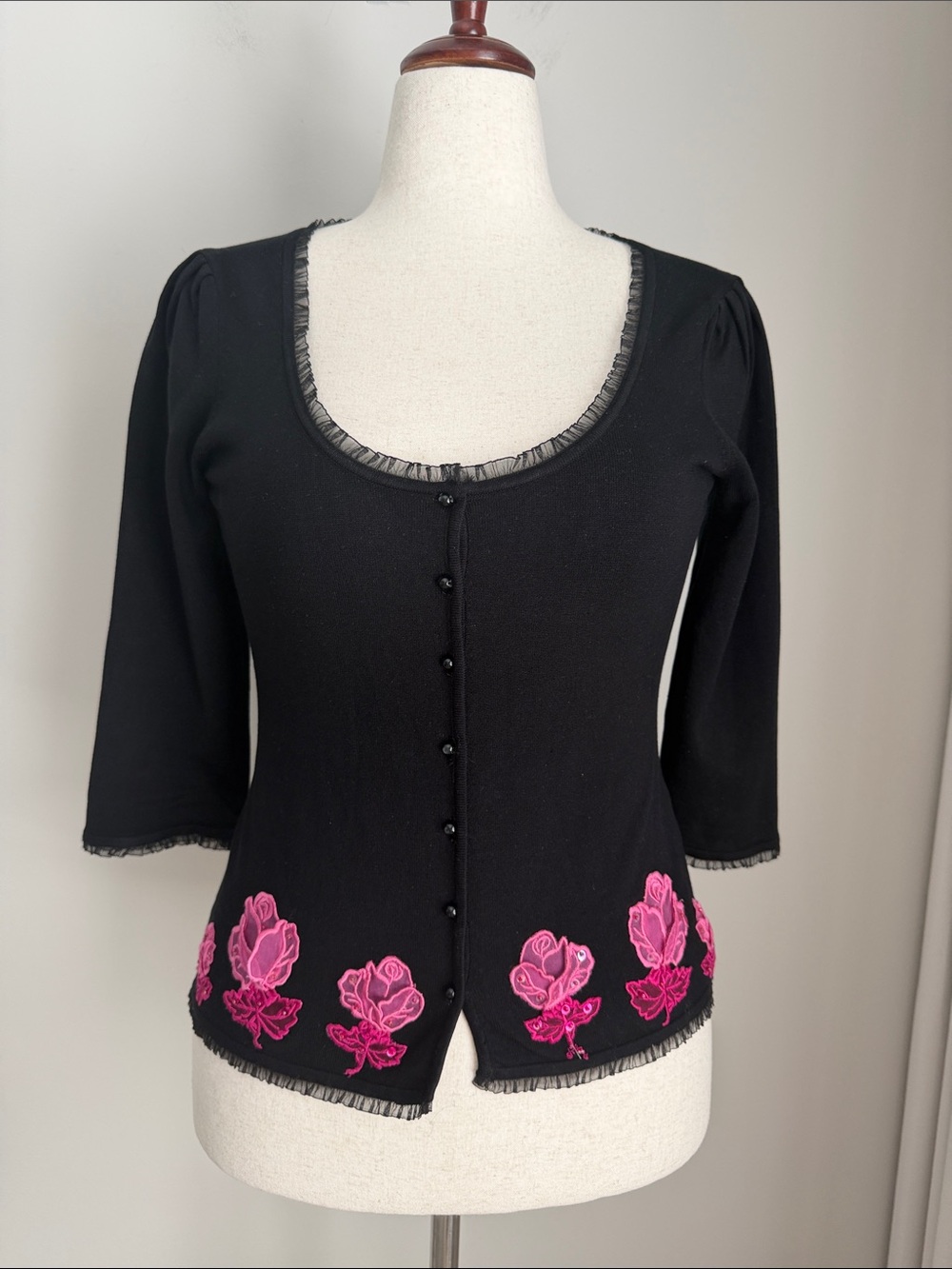 Betsey Johnson Y2K Whimsigoth Silk Cardigan L Pink Rose Ruffle Fairy Grunge
